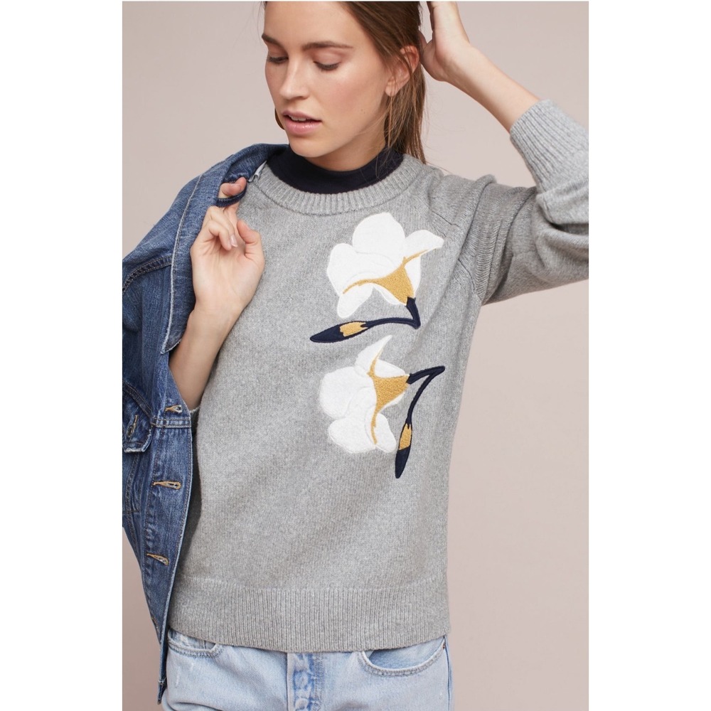 Brochu Walker x Anthropologie The Fell Embroidered Grey Floral Lily Pullover S